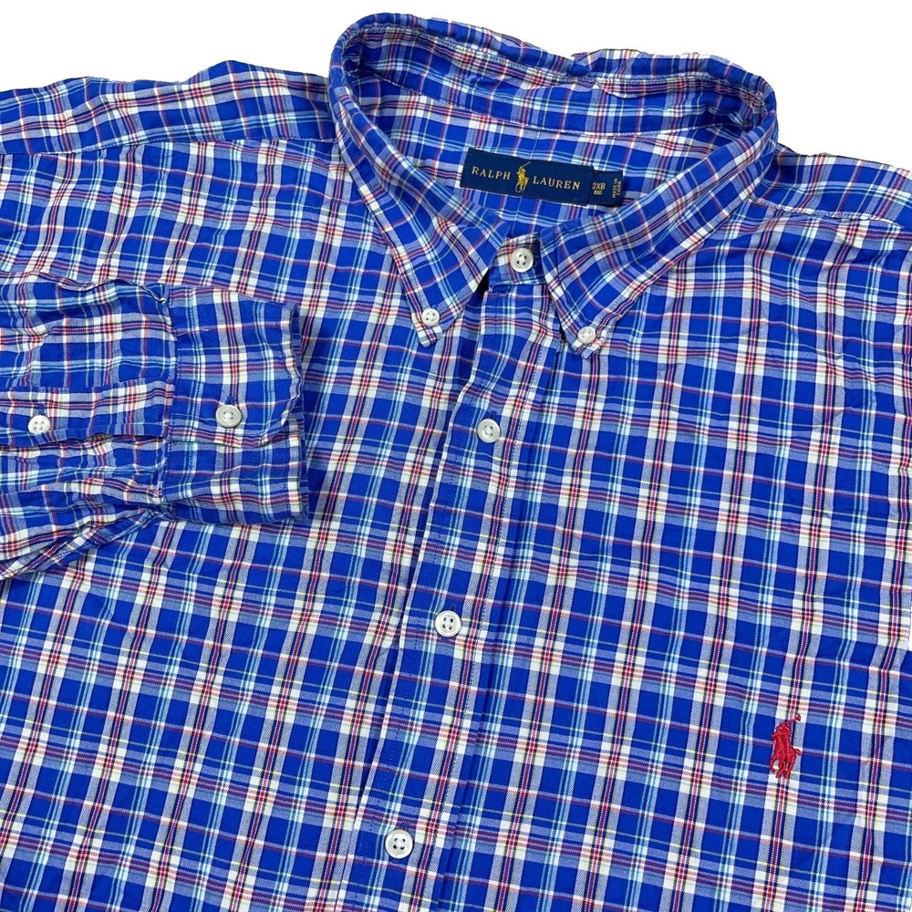 Ralph Lauren Oxford Shirt Men 3XB Blue Red Plaid Button Up Dress Pony OCBD Adult